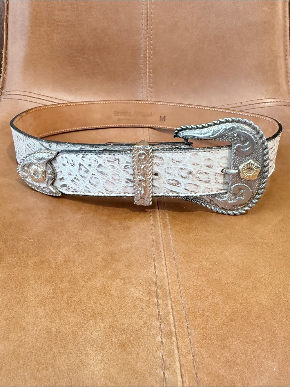 Streets Ahead Ivory Croc-Embossed Western Belt with Ornate Silver Buckle MD